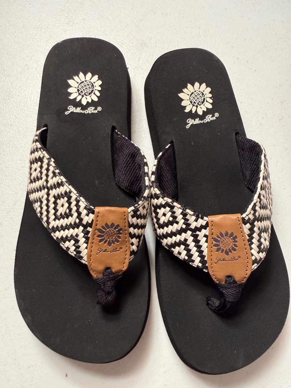 Yellow Box Black & White Woven Strap Flip Flops with Tan Accent